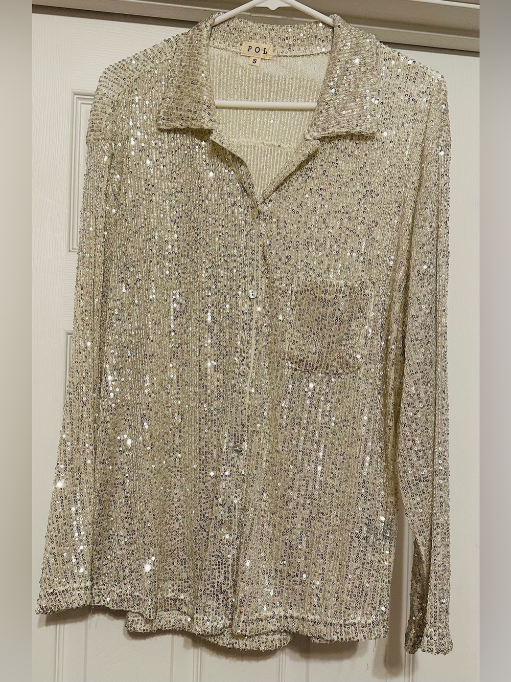 POL Champagne Sequin Button-Down Shirt Very oversized, will fit large.
